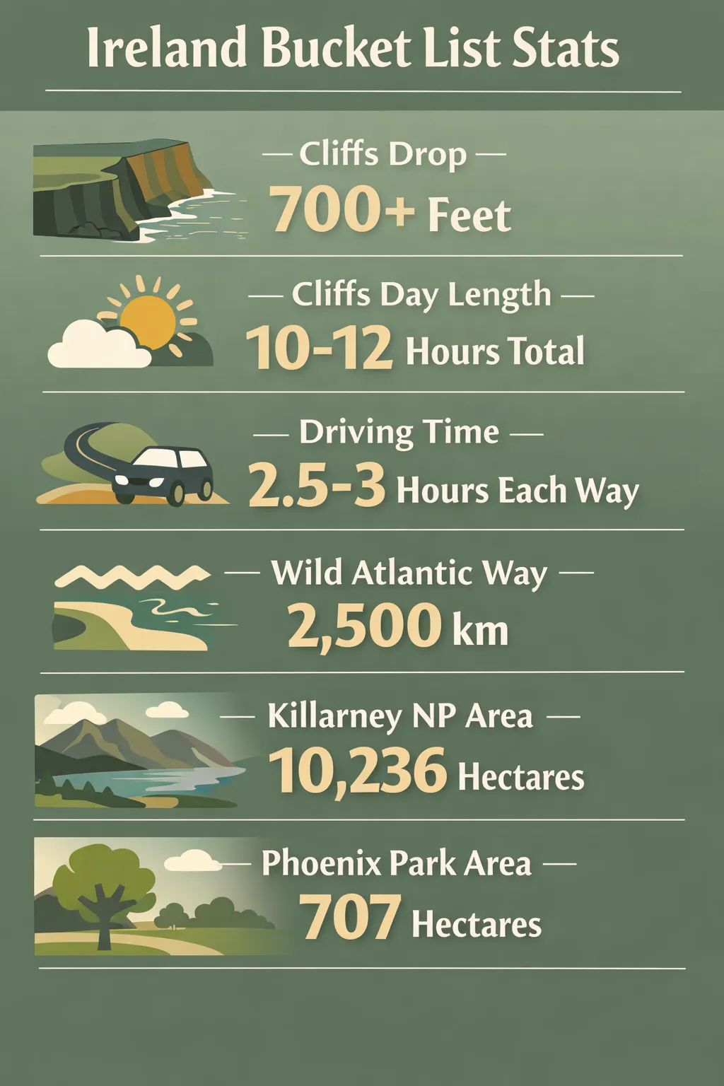 Infographic showing key Ireland stats: Cliffs of Moher drop, day-trip duration, driving time, Wild Atlantic Way length