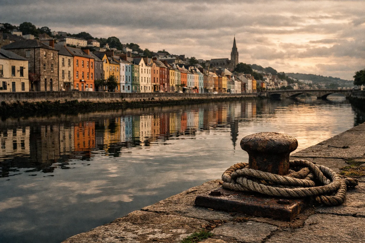 Colorful riverside houses and a church spire line the quay in Cork, Ireland at sunset.