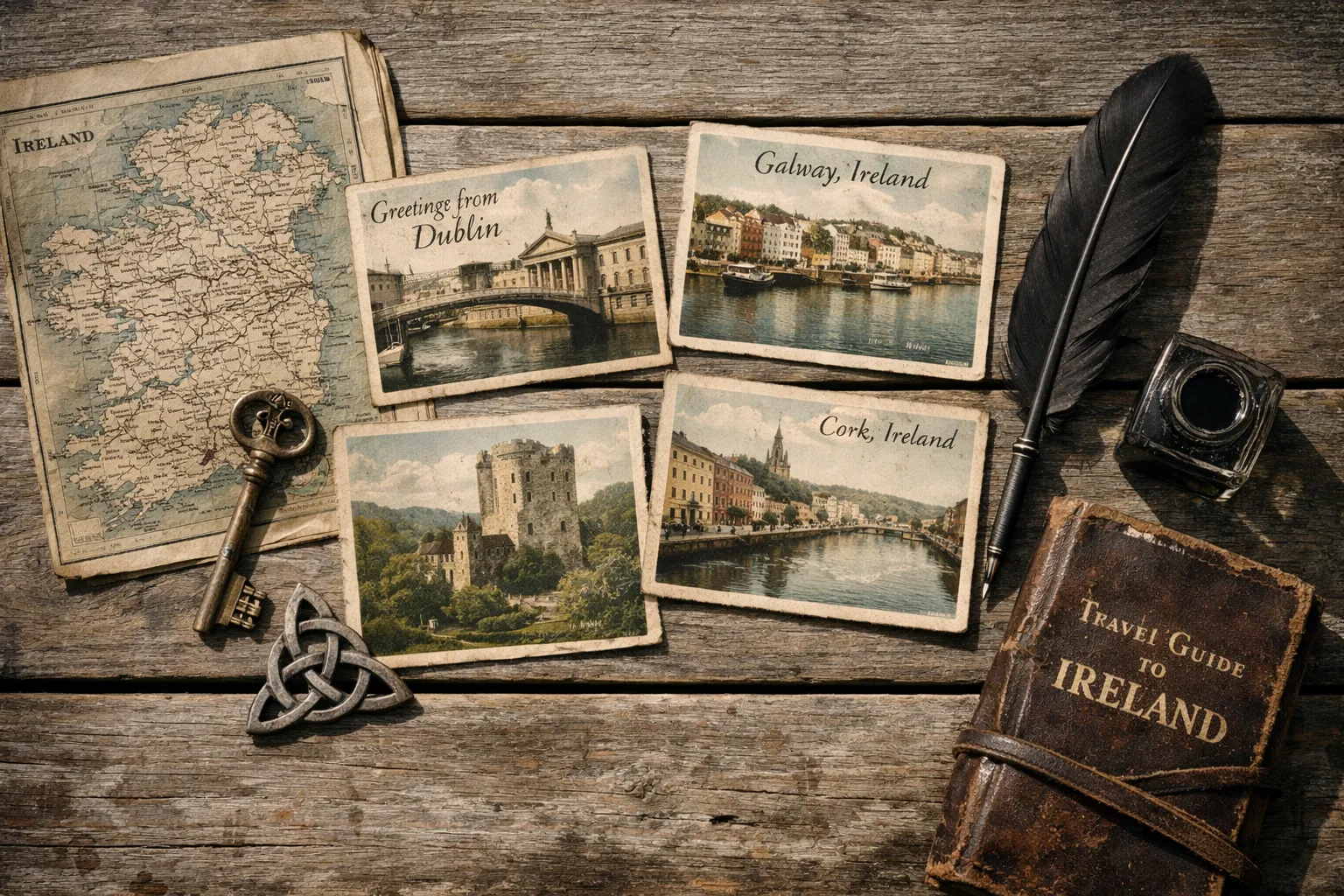 Vintage postcards of irish cities, old map of ireland, antique key, celtic knot, feather pen, and travel guide on wood table