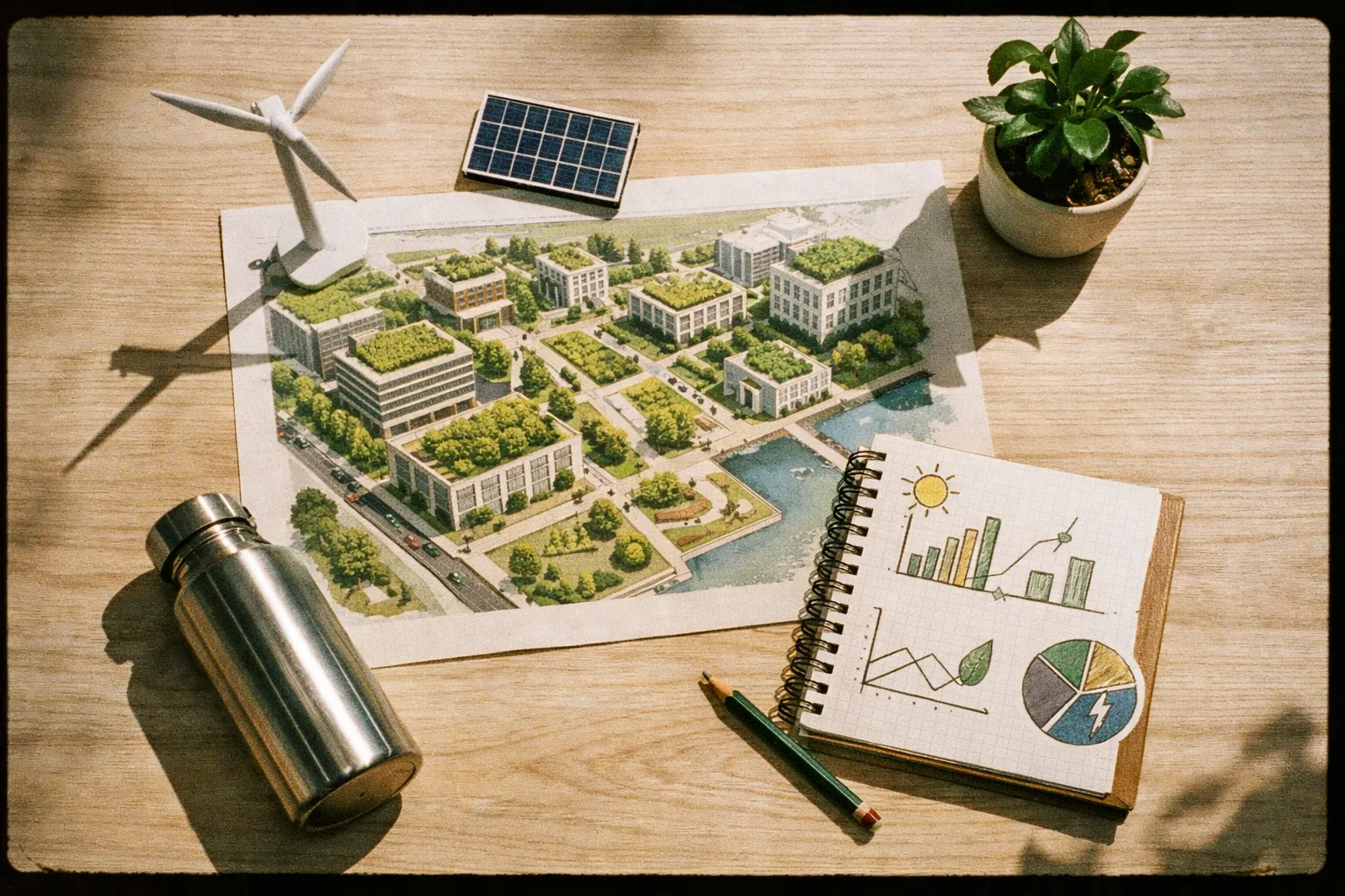Desk with a drawing of a sustainable city model, a notebook with graphs, a water bottle, a plant, a solar panel, and a wind turbine