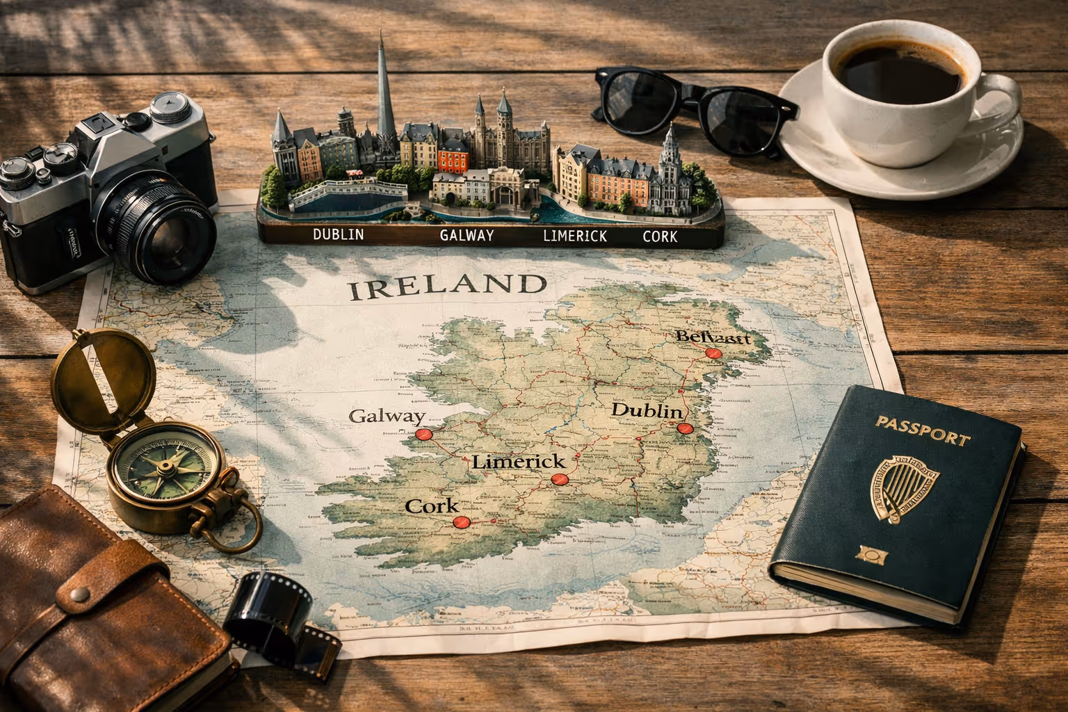 Travel items including a camera, compass, sunglasses, passport, coffee, and a map of Ireland on a wooden table