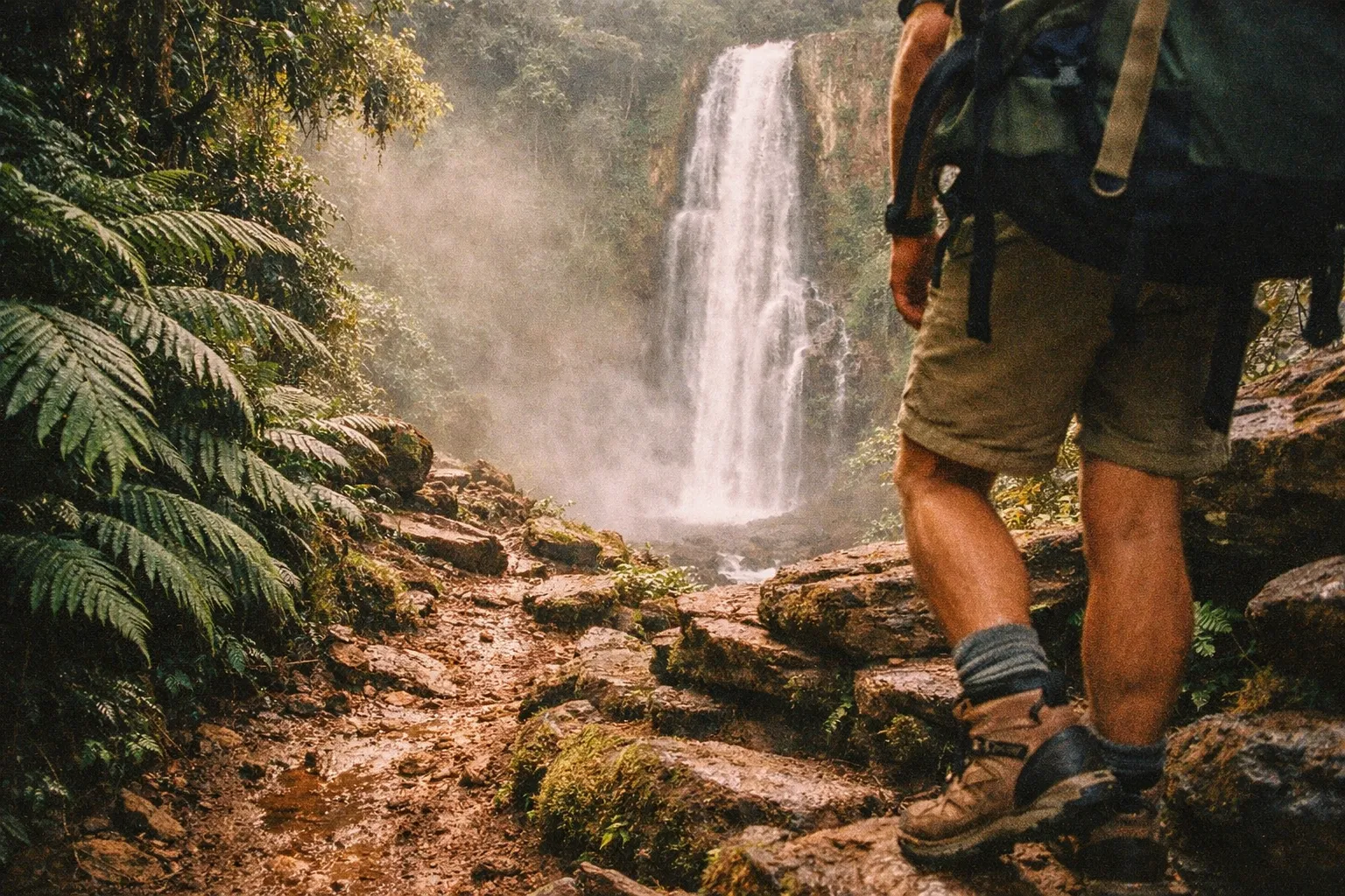 Lush jungle path toward a cascading waterfall, mossy rocks, sunlight filtering through canopy