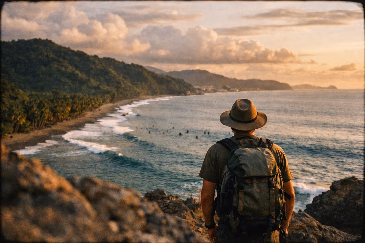 Jaco, Costa Rica coast at golden hour: jungle-clad cliffs, surfers in the channel, and a lone hiker on a rocky promontory, all in warm, muted tones.
