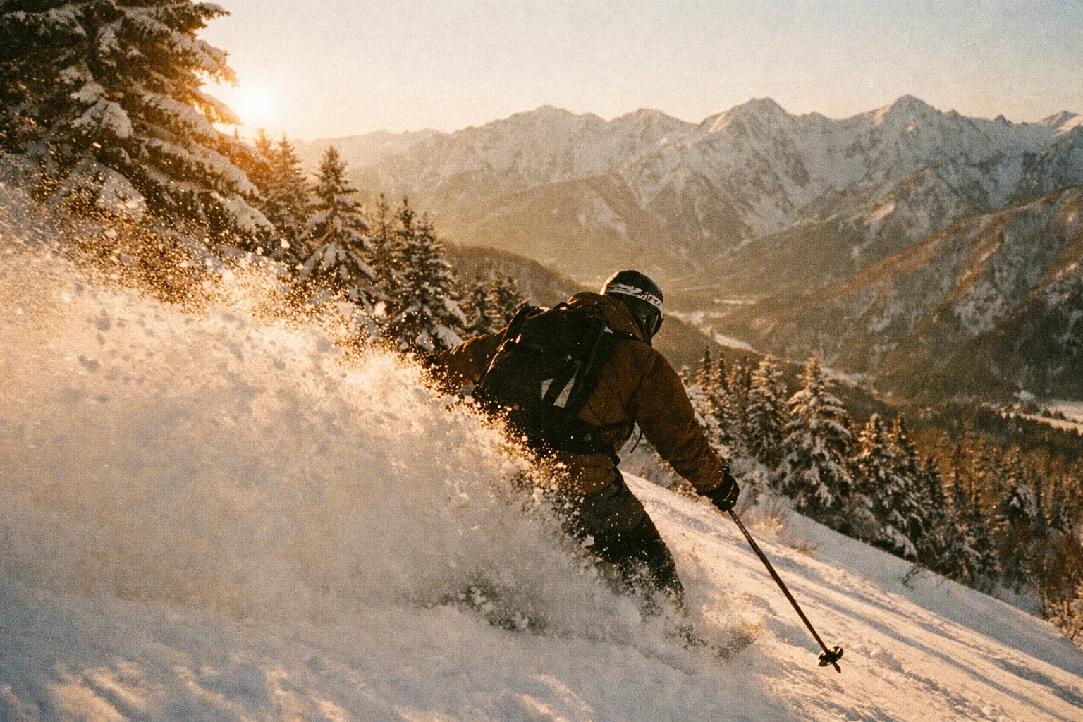 A lone skier carving through fresh powder on a sunlit slope in the Japanese Alps