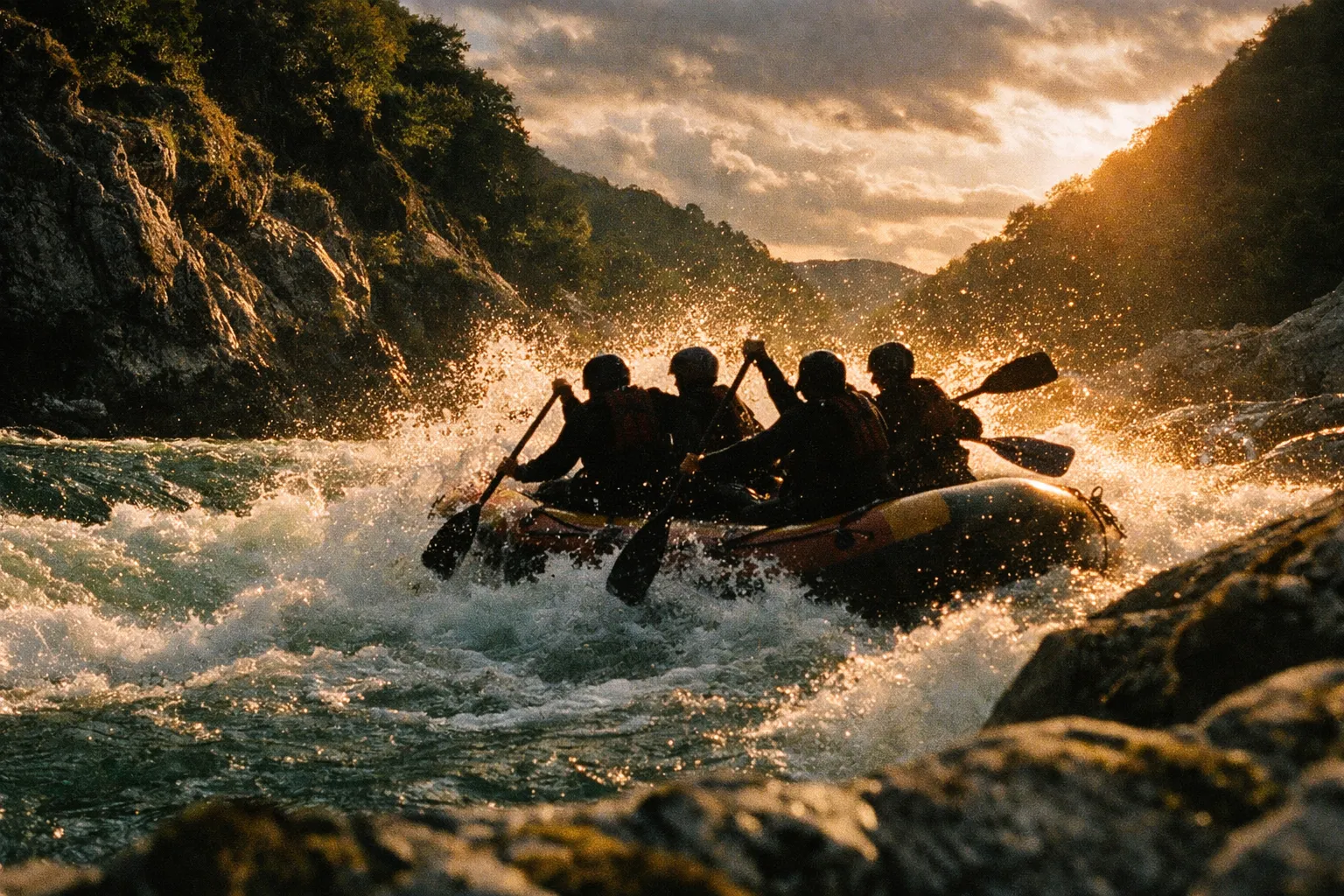 Rafters viewed from the riverbank as a raft cuts through white water on the Yoshino River, with mossy cliffs overhead