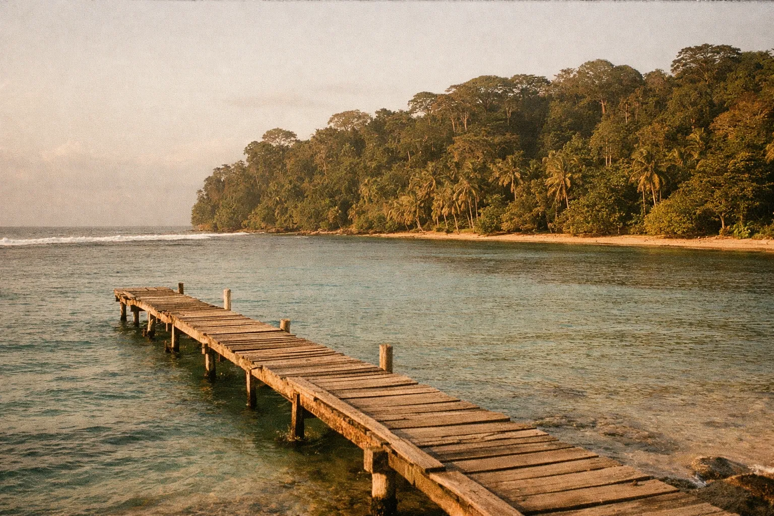 Aerial view of Cahuita’s reef edge and dense rainforest along the Caribbean coast at sunset