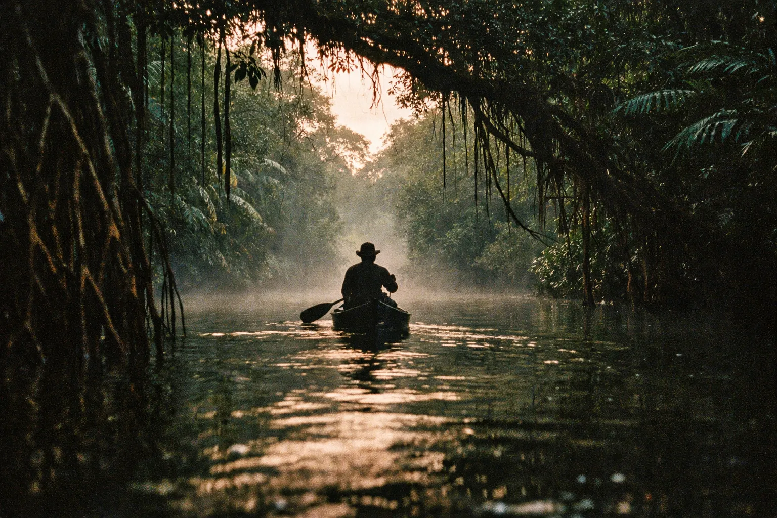 Canal scene in Tortuguero with mangroves and a canoe seen from behind