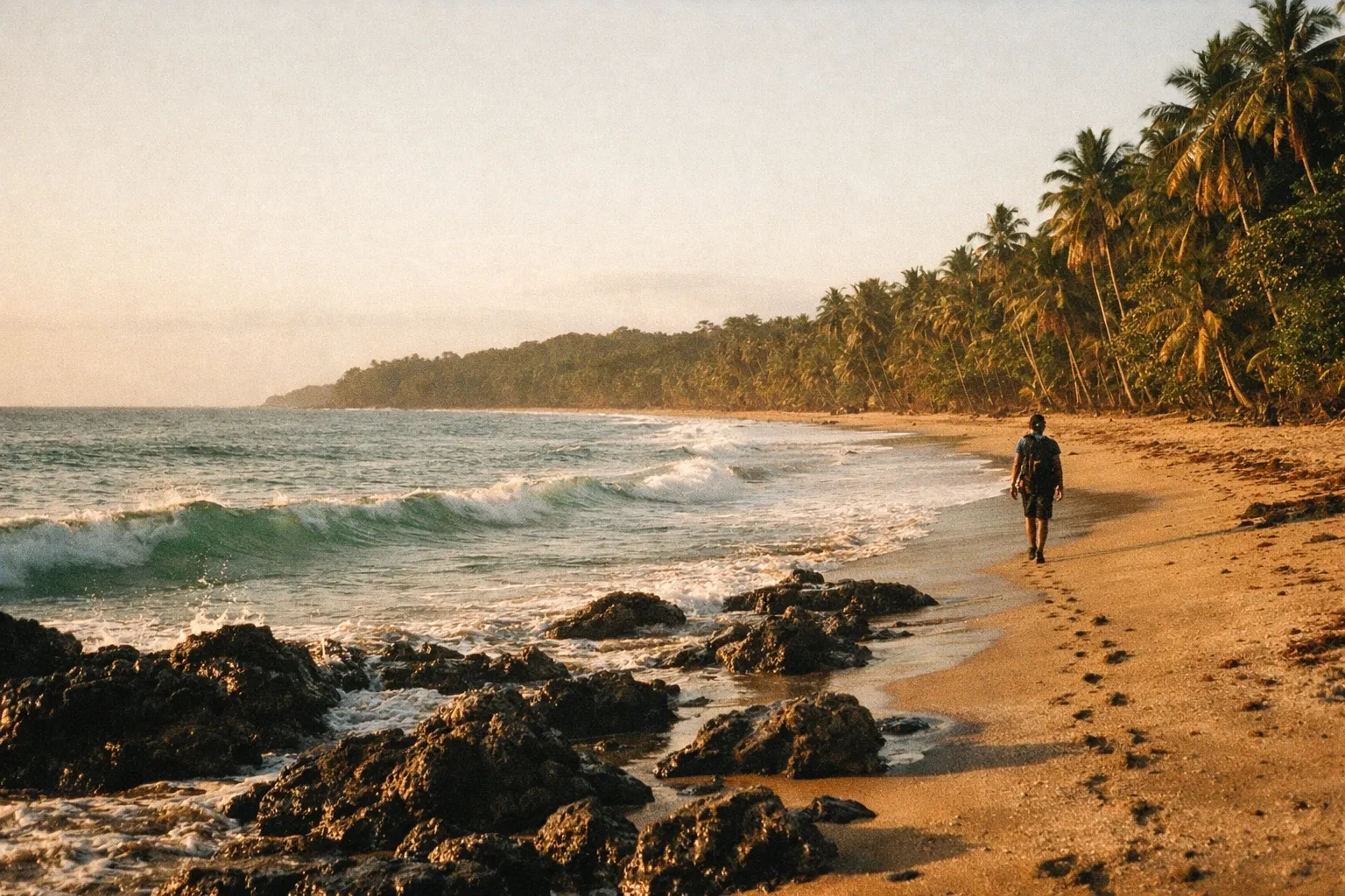 Cocles beach at golden hour with palm-fringed shore and a distant silhouette walking along the water