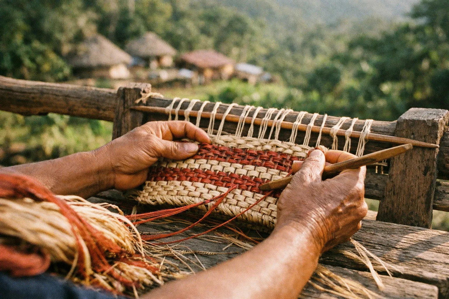 Hands weaving a palm-fiber basket outdoors with Bribri village in the background