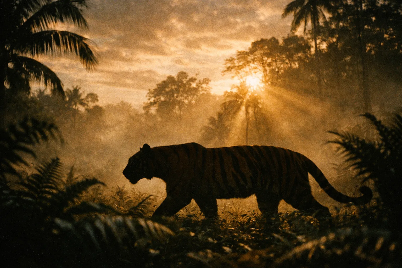 Side-profile Bali tiger silhouette in a misty Balinese forest at golden hour