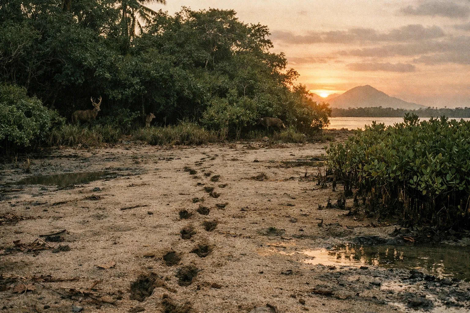 Footprints in sand leading toward mangrove edge with distant prey silhouettes at sunset