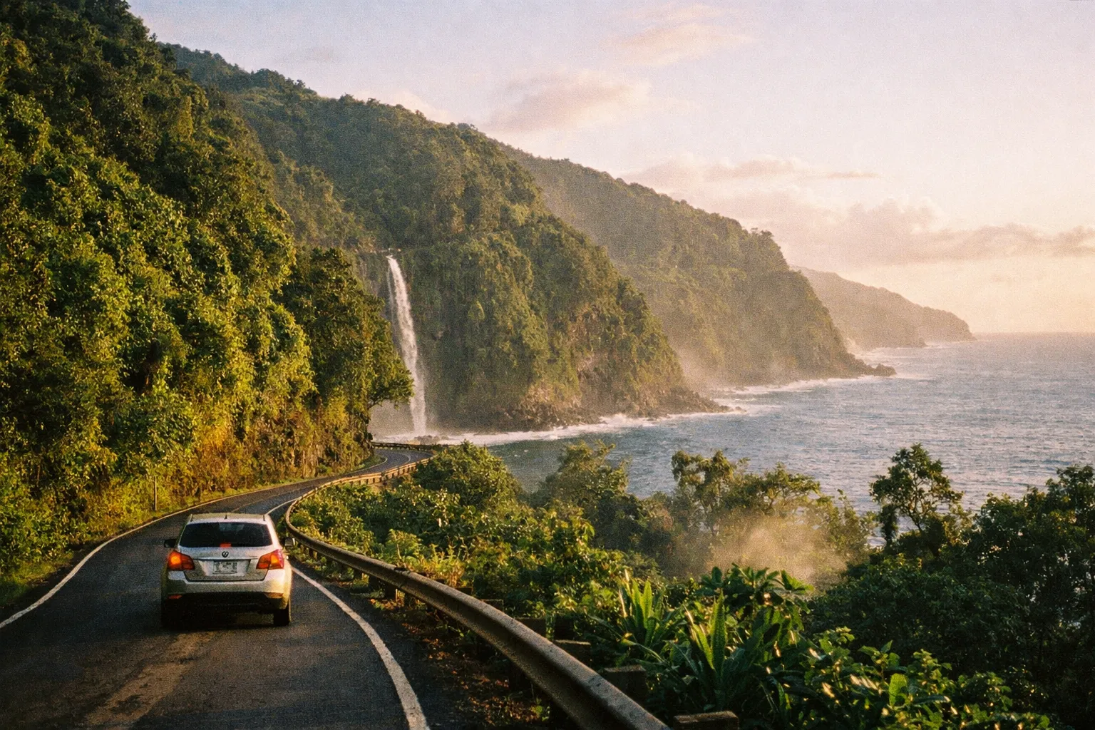 Winding Hana Highway along lush Maui coastline with a distant waterfall and ocean view