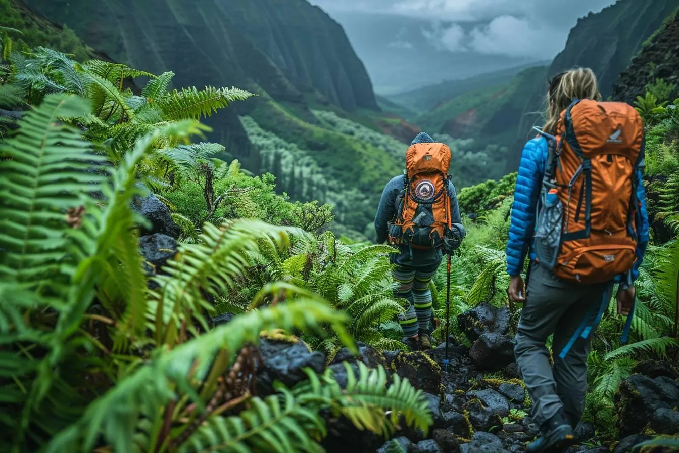 two hikers with orange backpacks walking through lush green ferns on a trail in a mountain valley