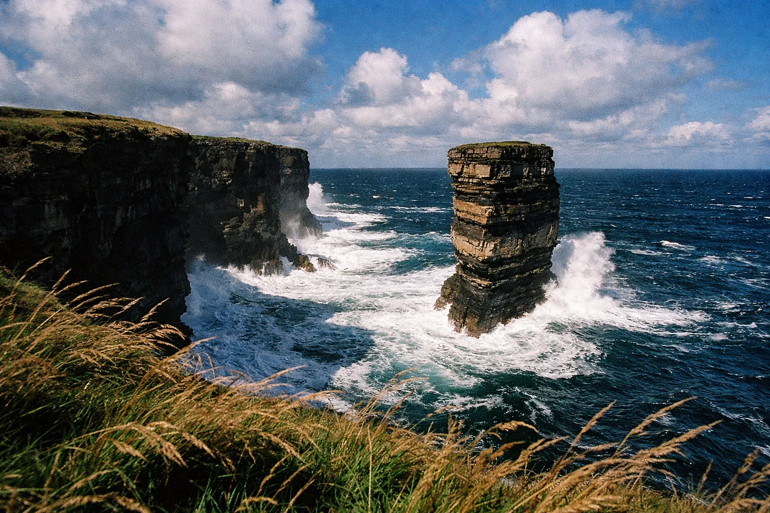 Downpatrick Head sea stack rises from the Atlantic Ocean along the cliffs in County Mayo, Ireland.