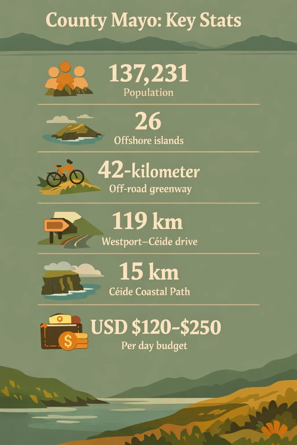 Key Mayo stats: population 137,231; 26 offshore islands; 42-kilometer off-road Greenway; 119 km Westport–Céide Fields; 15 km
