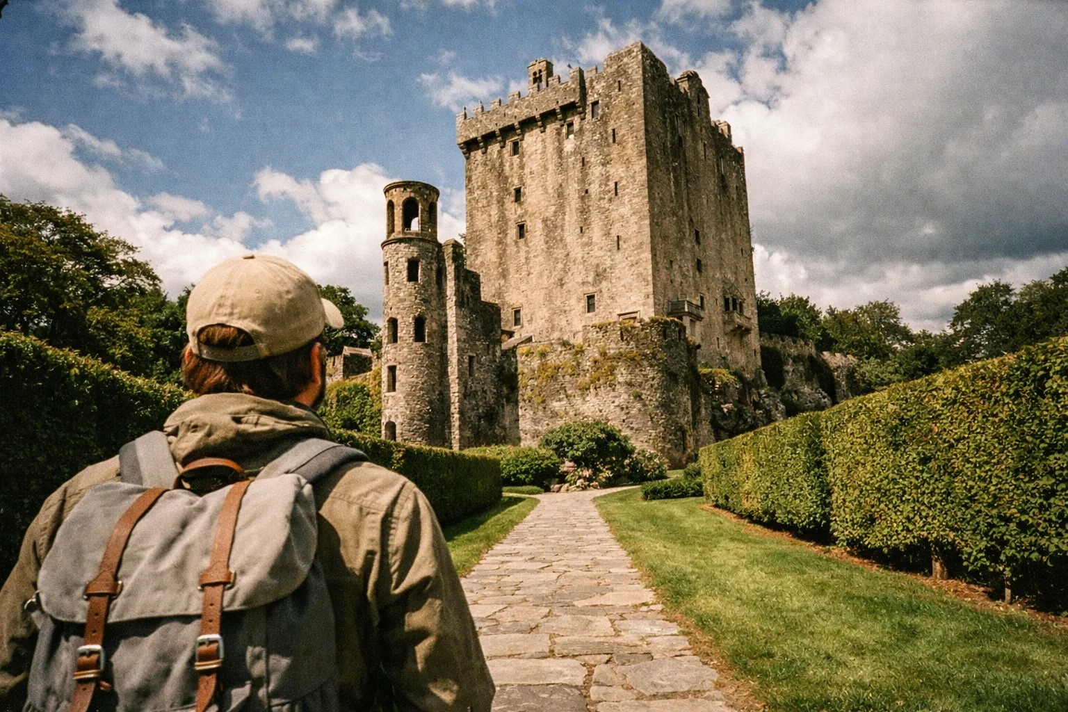 A traveler with a backpack walks toward Blarney Castle surrounded by lush hedges and stone paths.