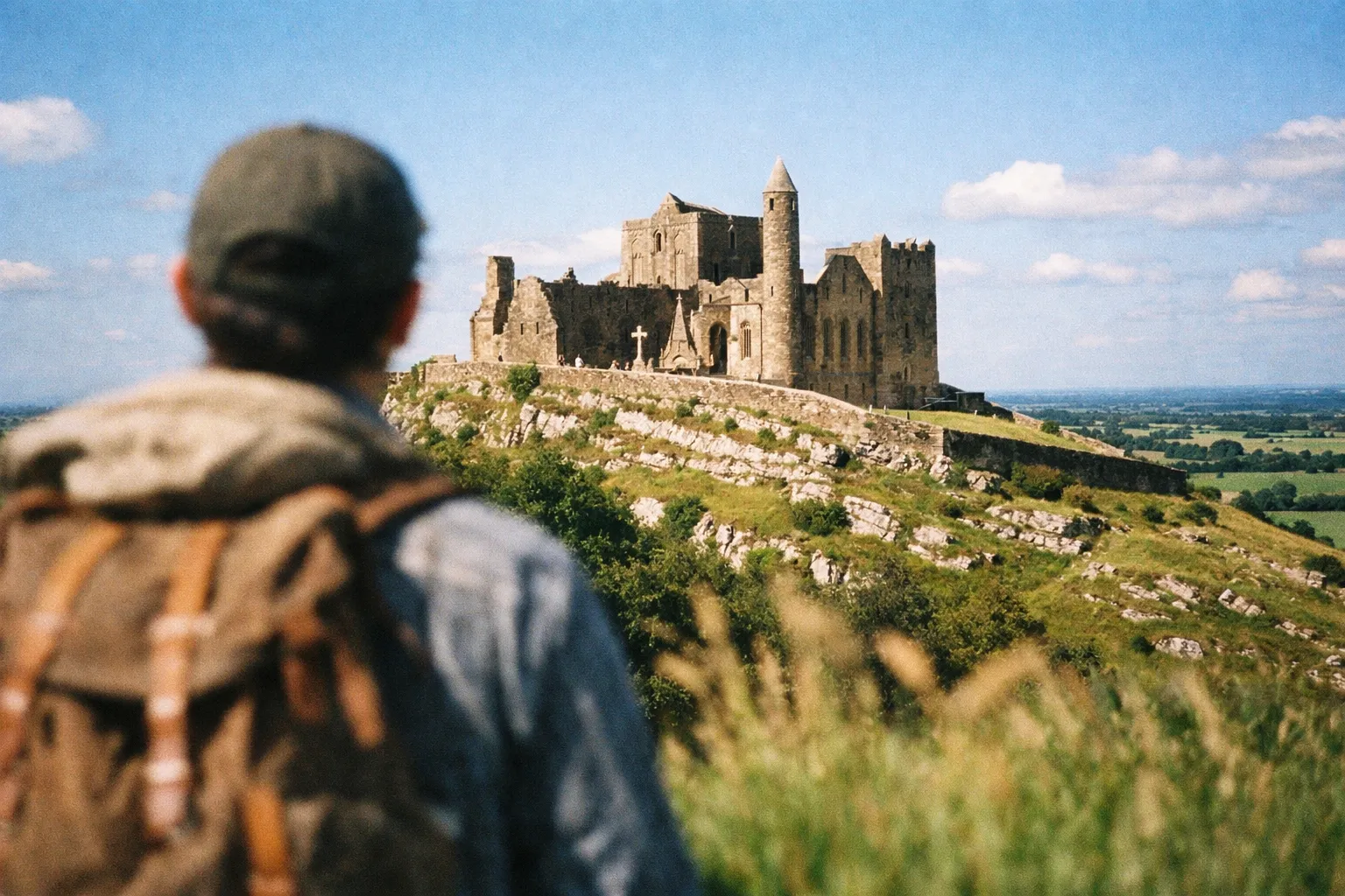 A person with a backpack looks at the Rock of Cashel on a grassy hill in the Irish countryside.