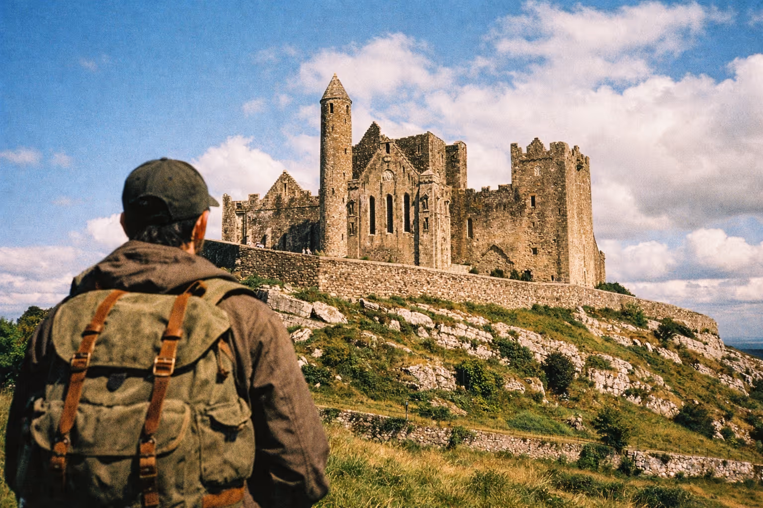 A person with a backpack looks up at the Rock of Cashel, an ancient stone fortress on a grassy hill in Ireland.