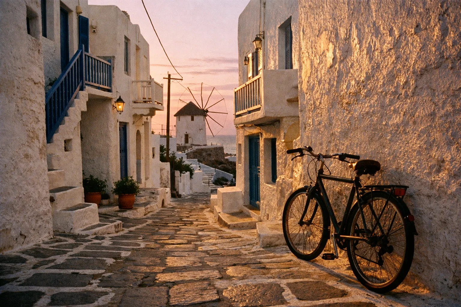 Street in Mykonos Town at golden hour, white cubic buildings with blue shutters and a distant windmill