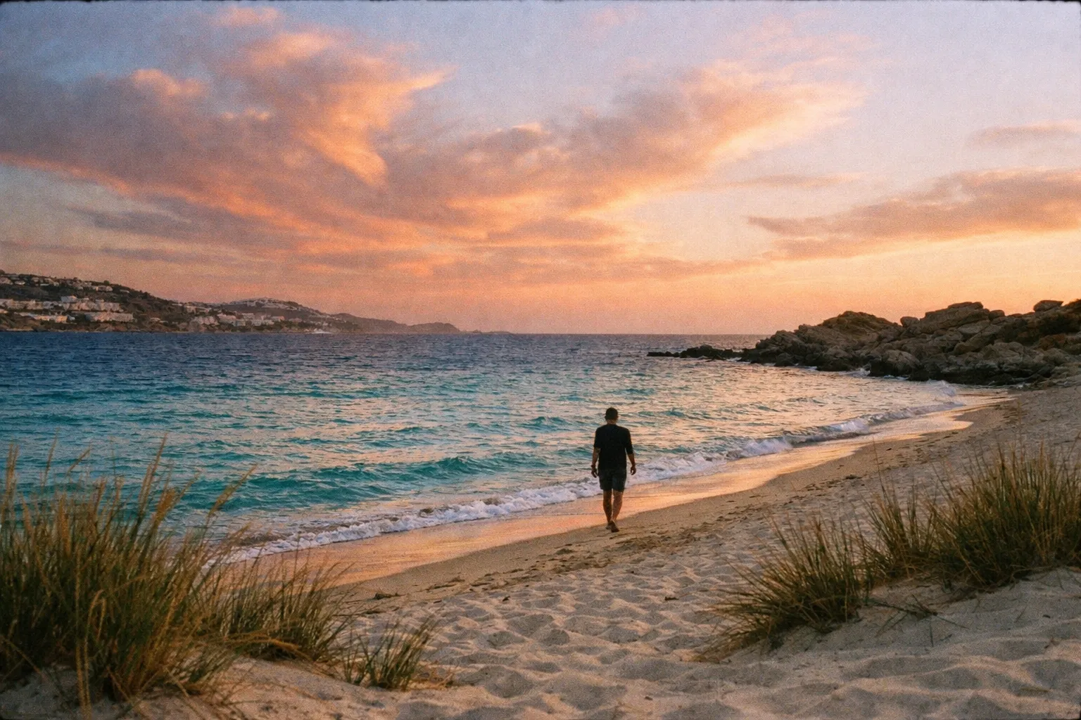 Silhouette of a traveler walking along a Mykonos beach at golden hour with turquoise water