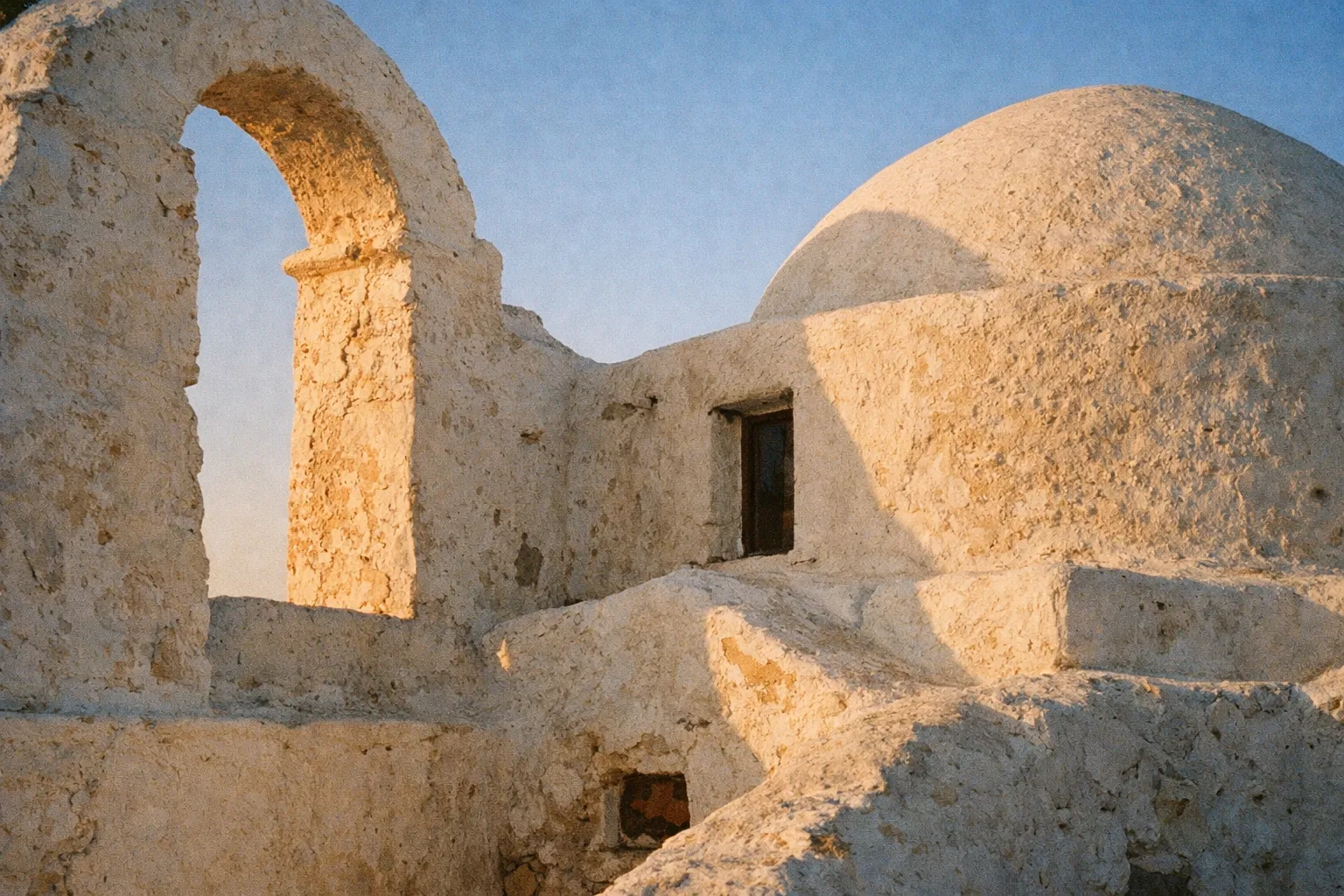 Paraportiani Church with whitewashed arches and stone texture bathed in soft evening light