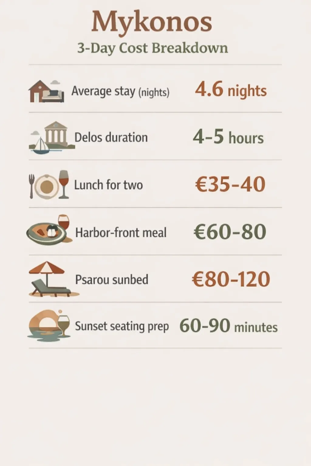 Average stay 4.6 nights, Delos day 4-5 hours, Lunch for two €35-40, Harbor-front meal €60-80, Psarou sunbed €80-120, Sunset