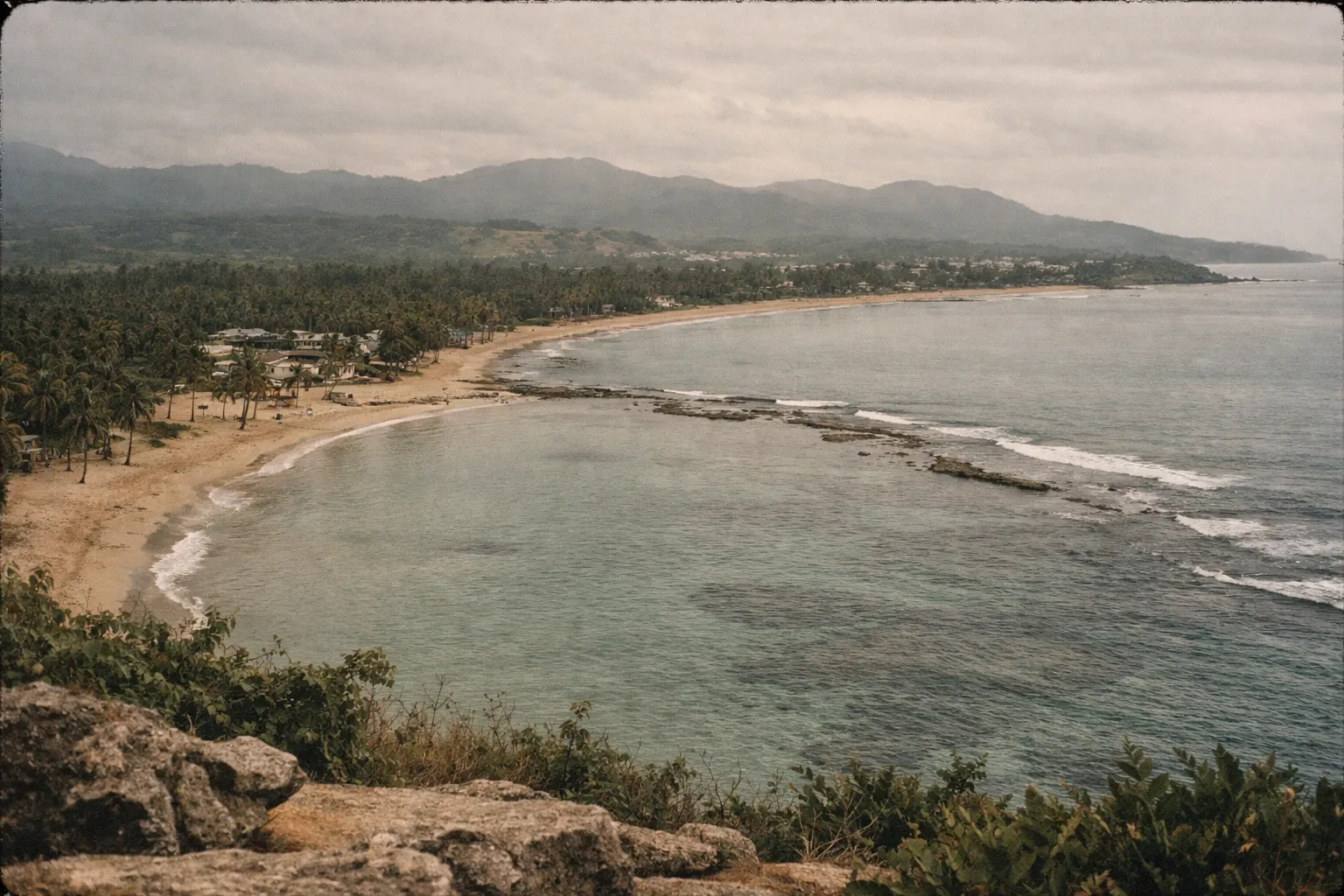 A wide sandy beach lined with palm trees curves along the coast near forested hills.
