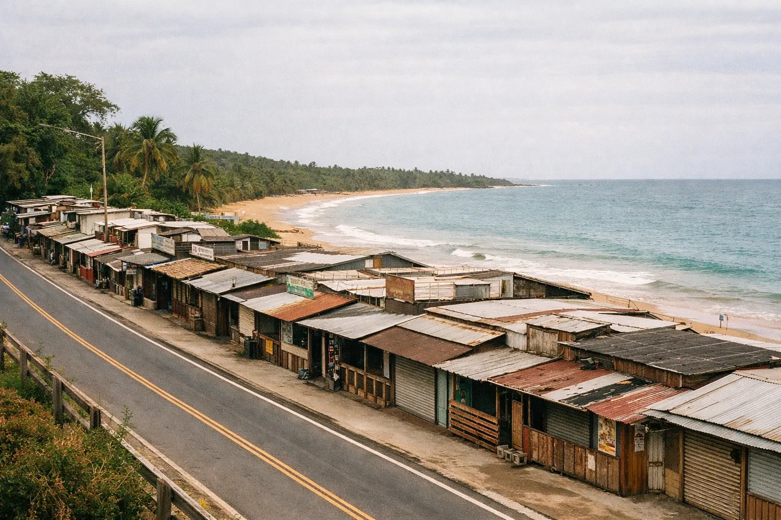 A row of rustic food kiosks lines the road next to the sandy beach and palm trees of Luquillo, Puerto Rico.