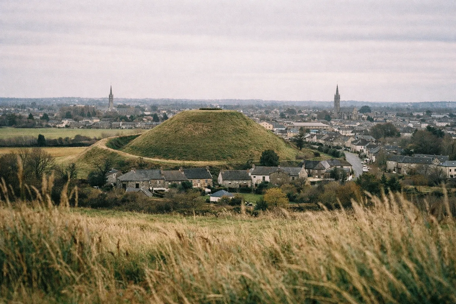 A large grassy mound rises beside houses on the edge of Navan, Ireland, with church spires in the distance.