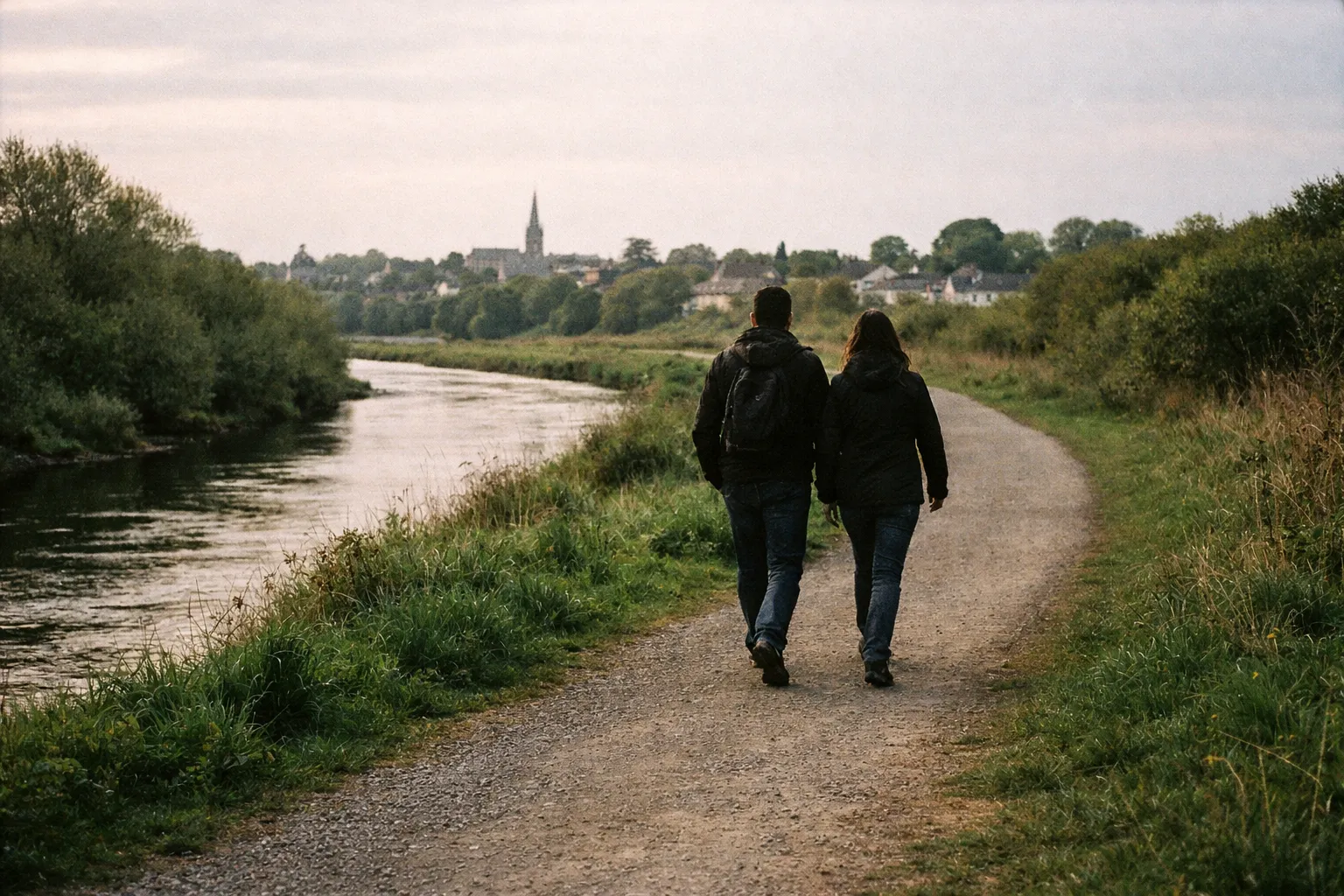 Two people walk along a riverside path with a village and church spire in the background.