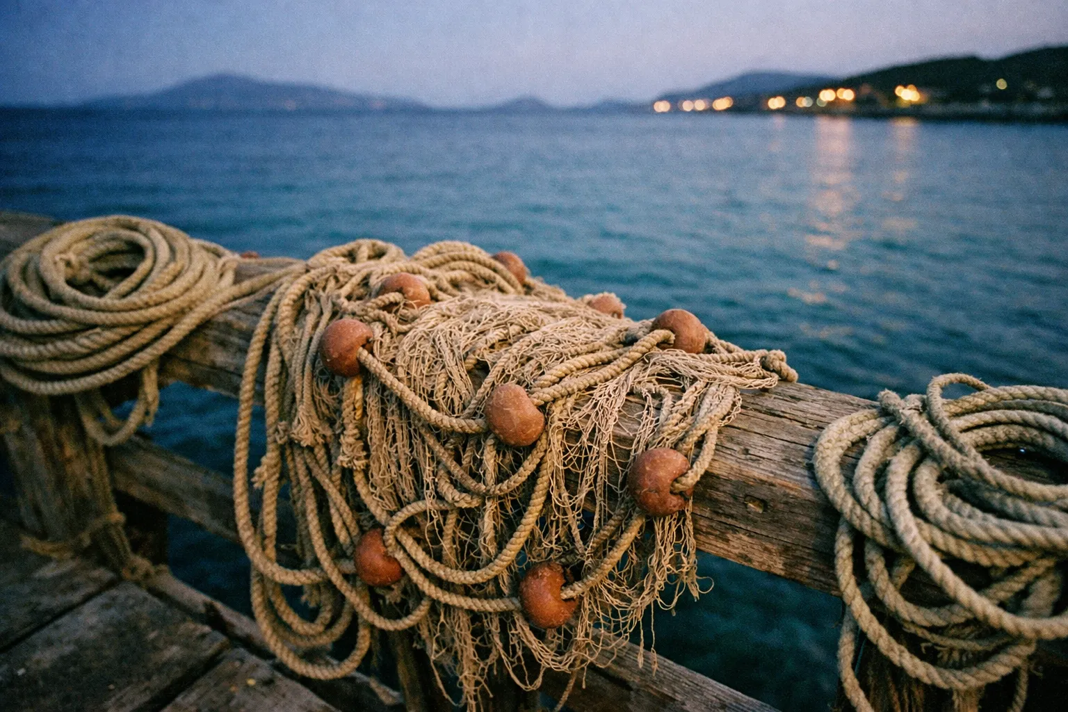 Fishing net with floats draped over a wooden railing by the sea at dusk