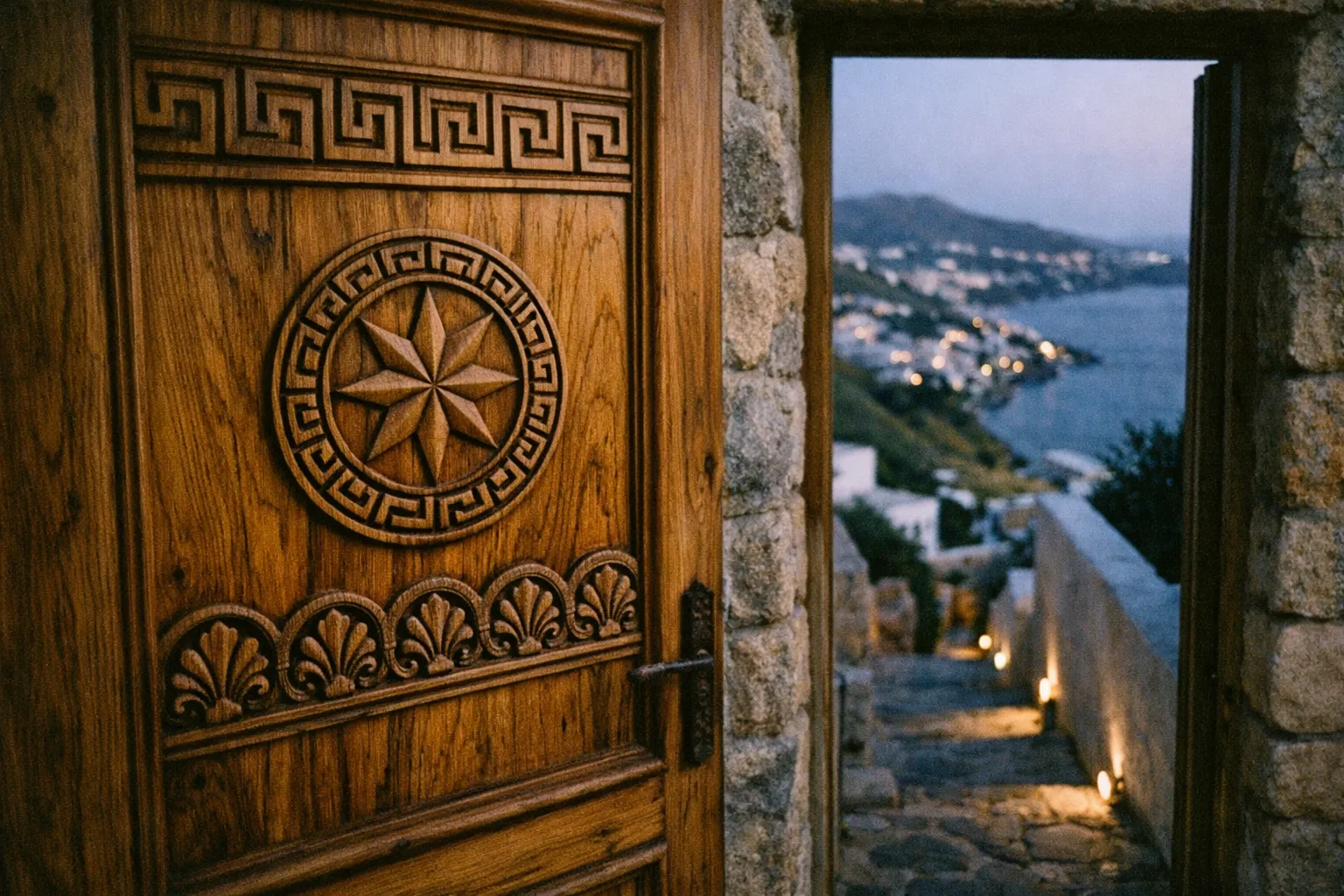 Wooden door with geometric carvings opening to a stone walkway and sea view at dusk