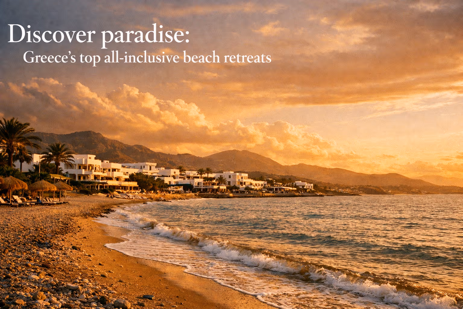 Editorial cover: Aegean coastline at golden hour with a line of all-inclusive beach retreats along the shore