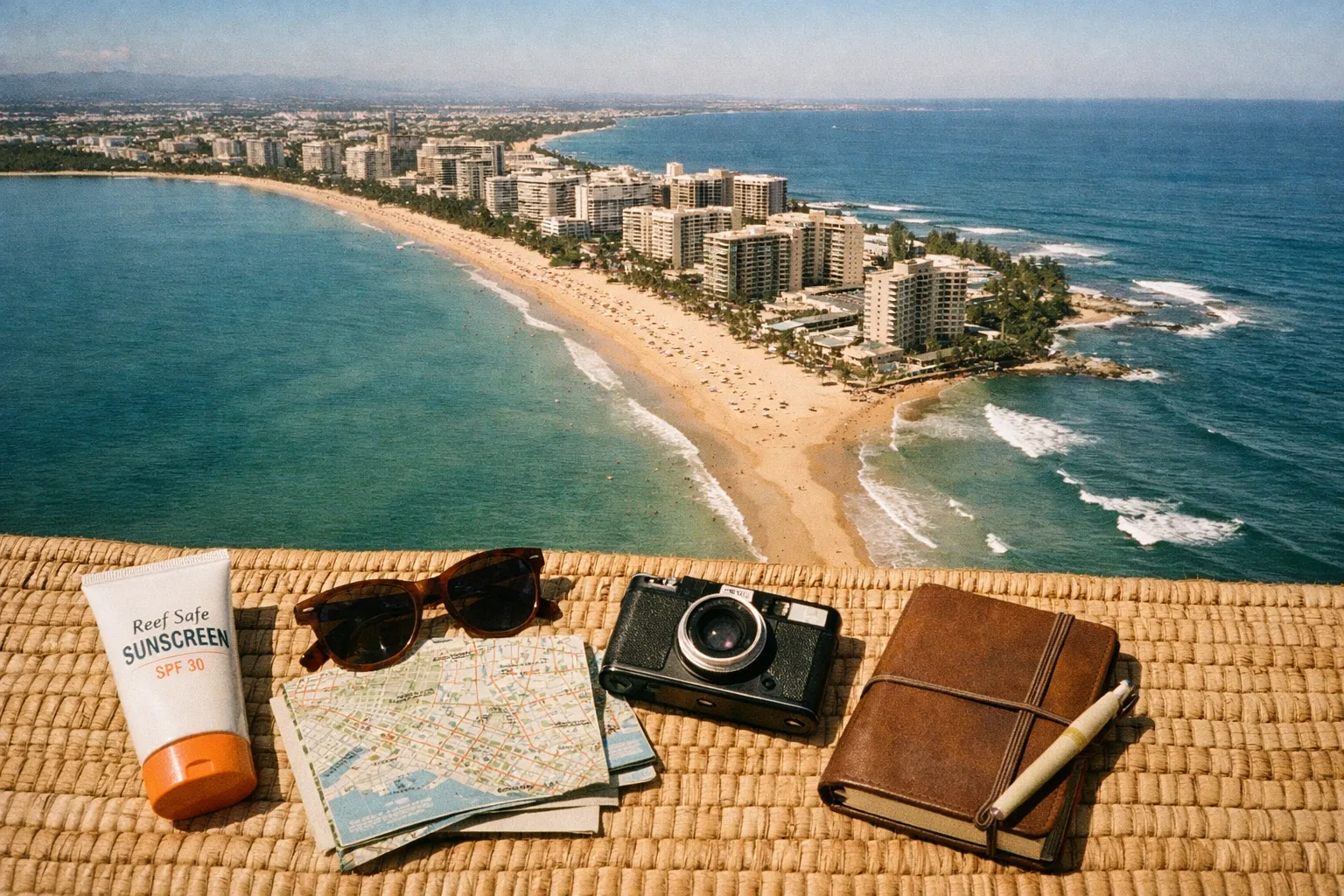 Aerial view of Isla Verde beach lined with high-rise hotels, with travel items arranged in the foreground.