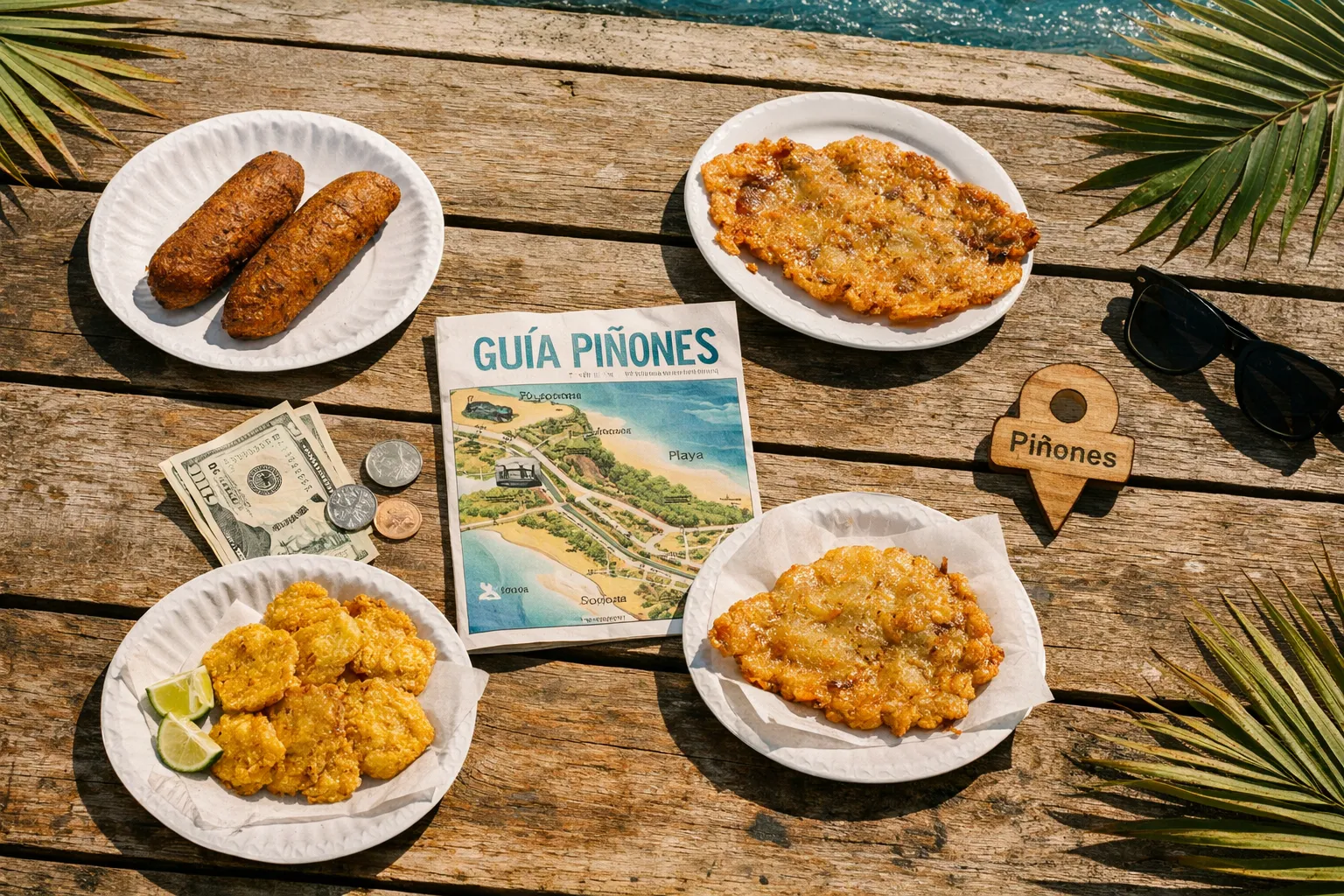 Puerto Rican fritters and tostones on paper plates beside a Piñones guide and money on a wooden table by the water.