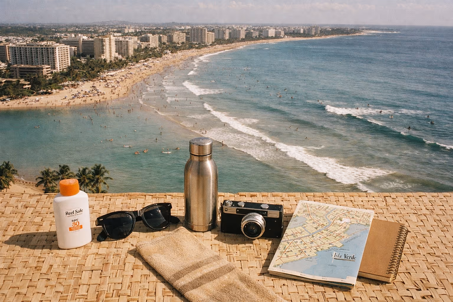 A view of Isla Verde beach with high-rise hotels, palm trees, and beachgoers along the shoreline.