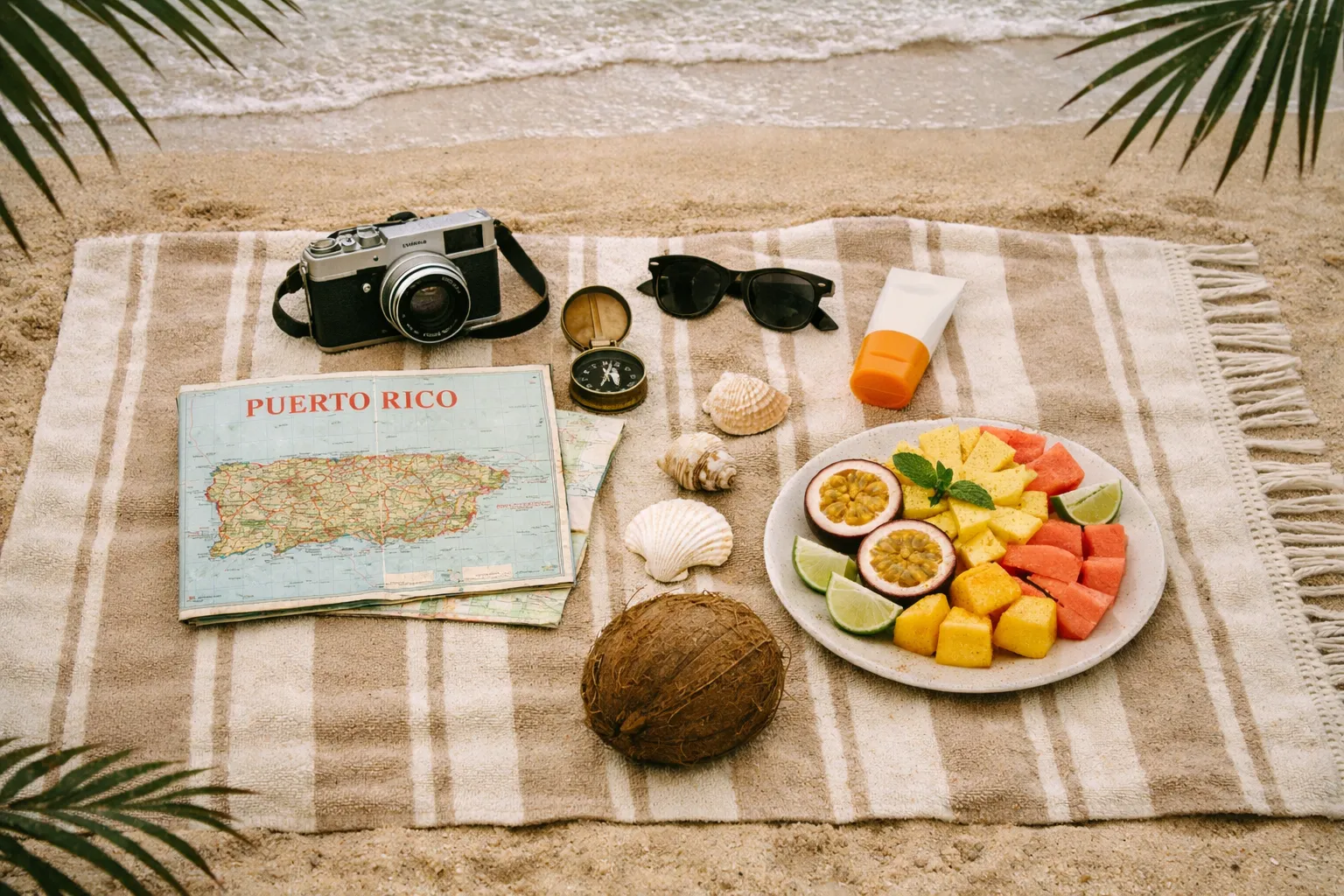 A map of Puerto Rico, tropical fruit, and travel items on a beach towel by the sea.