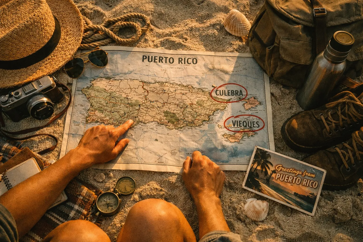 A person sits on the sand with a Puerto Rico map and beach travel gear, highlighting Culebra and Vieques.