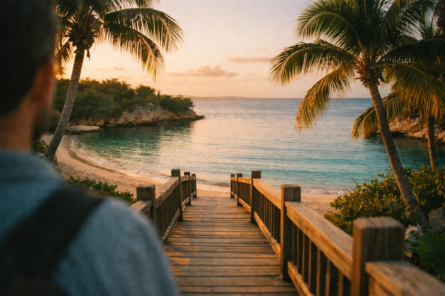 A person stands on a wooden walkway overlooking a tropical beach with palm trees at sunset.