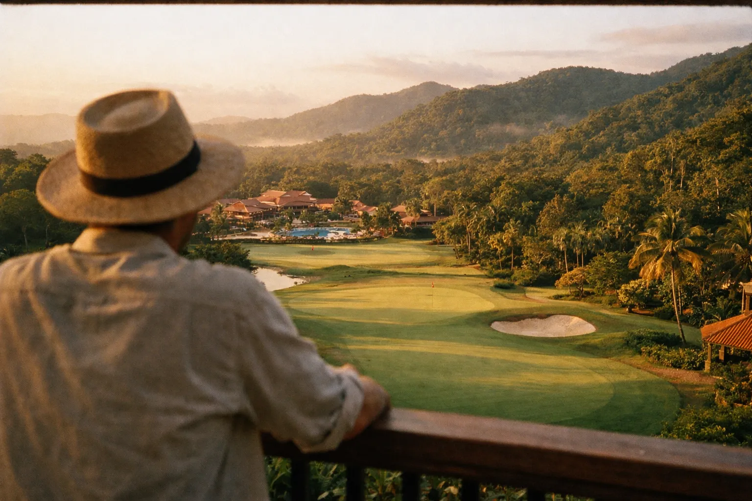A person in a hat overlooks a golf course and a resort surrounded by lush green hills at sunset.