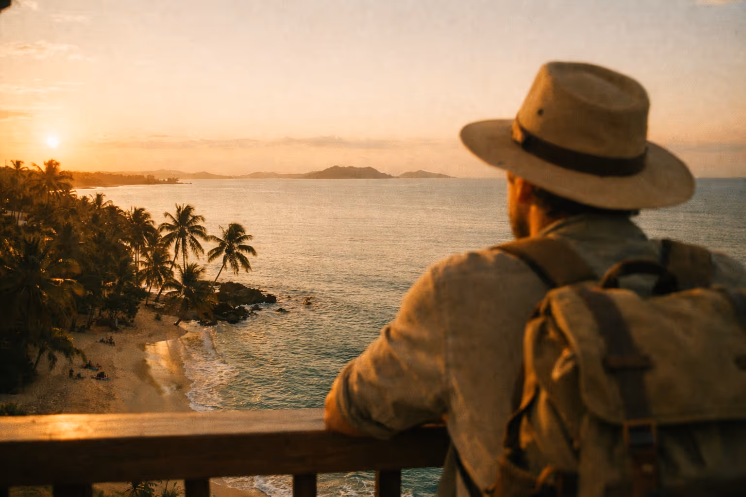 A person with a backpack and hat overlooks a tropical beach with palm trees at sunset.
