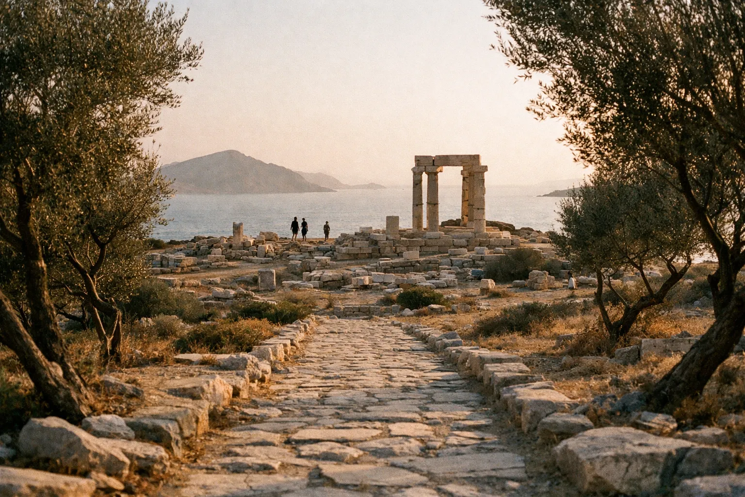 Sunlit ancient ruins on a Greek island, viewed from behind a stone path lined with olive trees toward the sea