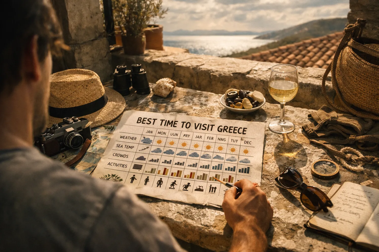 A person reviews a chart about the best time to visit Greece at a stone terrace overlooking the sea.
