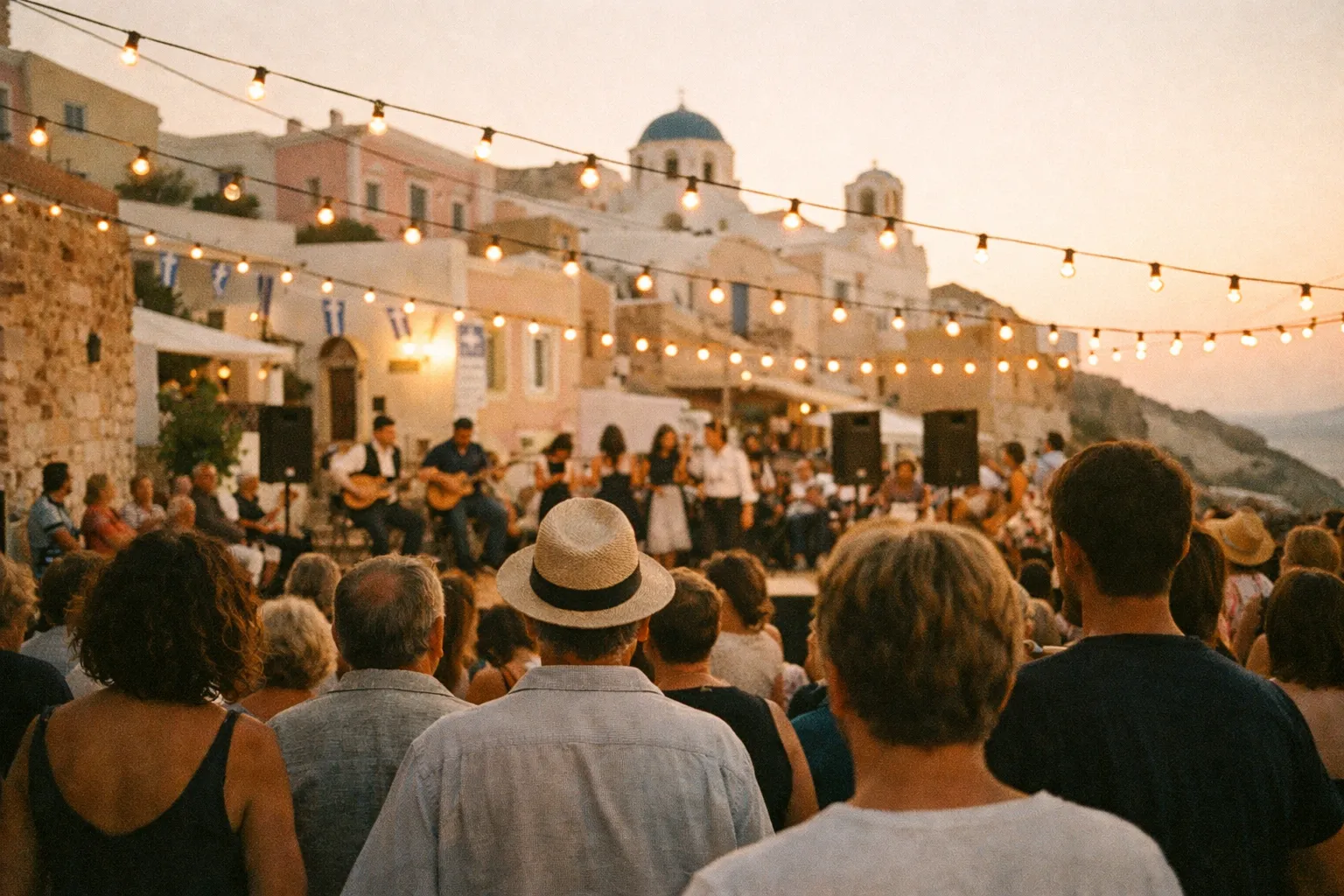 Golden hour festival scene in a Greek island square with silhouetted crowd