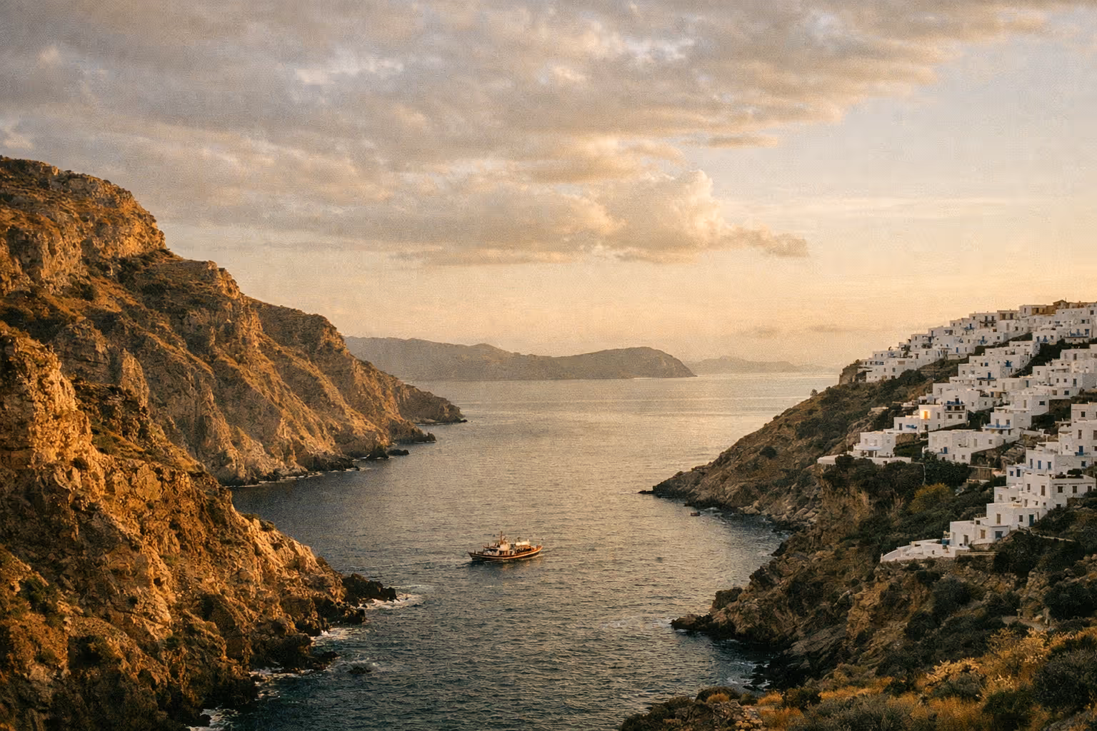 A Greek coastline at golden hour, with rugged cliffs, the blue Aegean, and whitewashed villas on the hillside