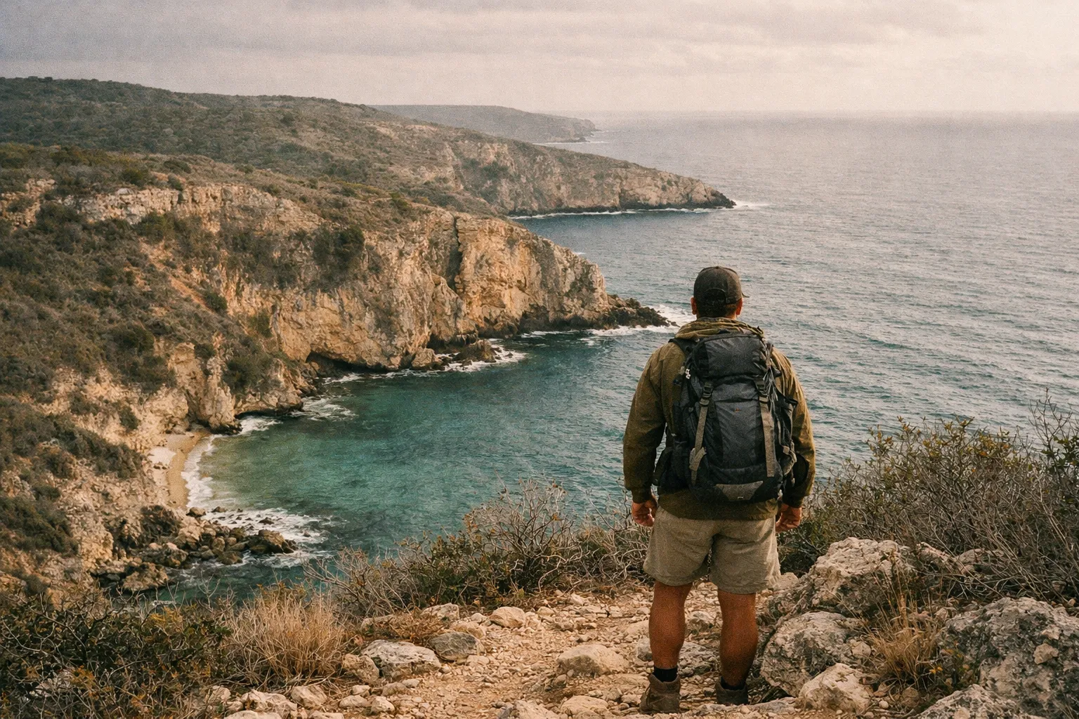 A hiker with a backpack stands on a rocky cliff overlooking a rugged coastline and blue ocean.