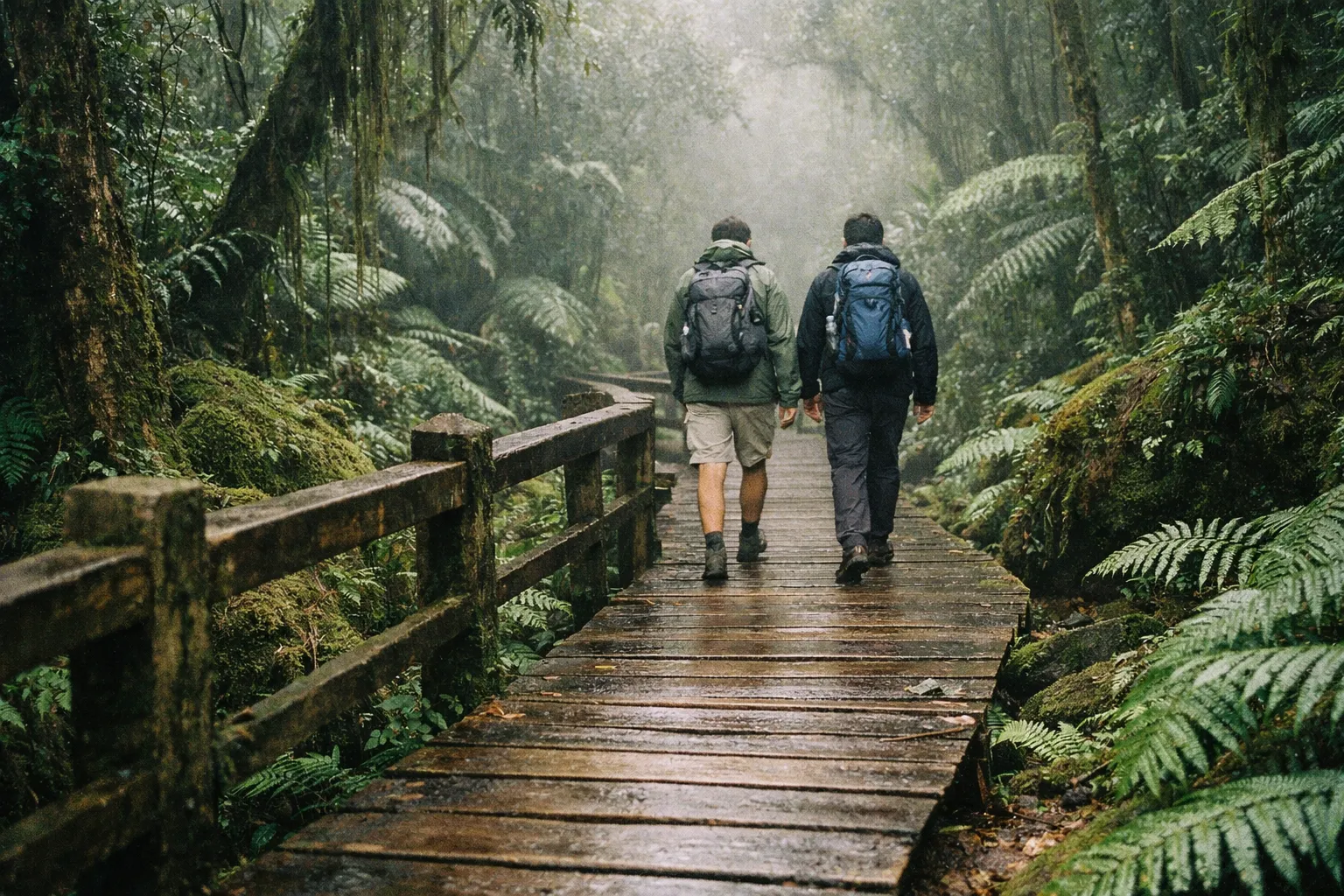 Two hikers with backpacks walk along a wooden trail in a lush, misty rainforest.