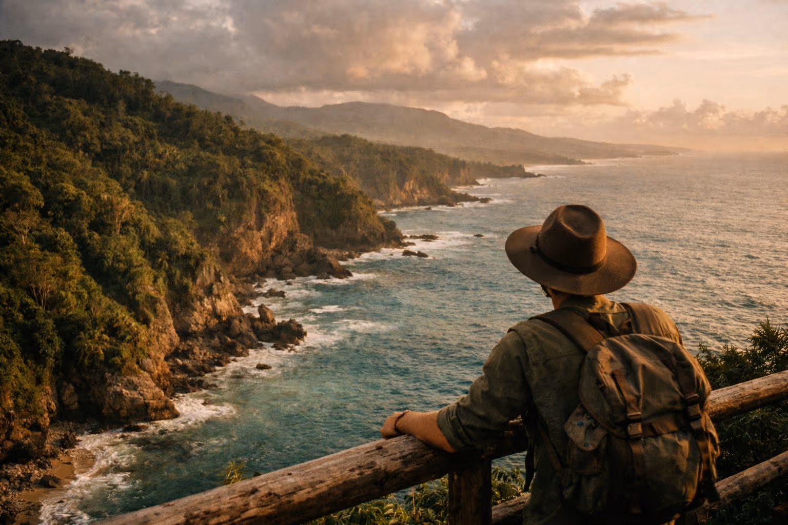 A hiker with a backpack looks out over a lush, rocky coastline and the ocean at sunset.