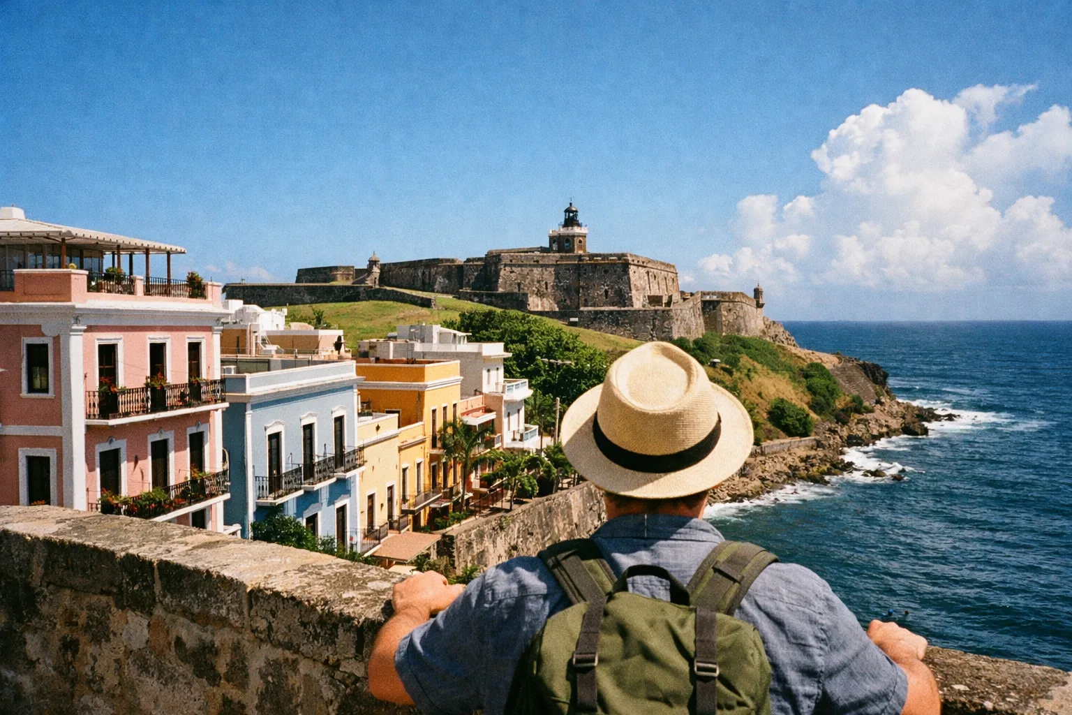 A person with a hat overlooks colorful buildings and Castillo San Felipe del Morro in San Juan, Puerto Rico by the sea.