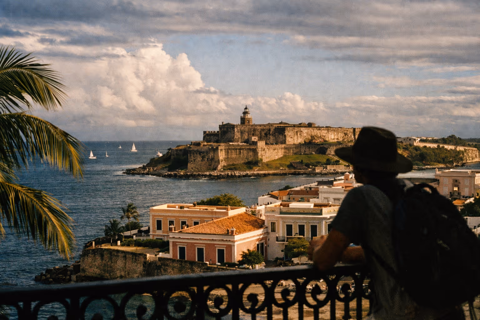 A person with a backpack looks out over San Juan's colorful buildings and El Morro fortress by the sea in Puerto Rico.